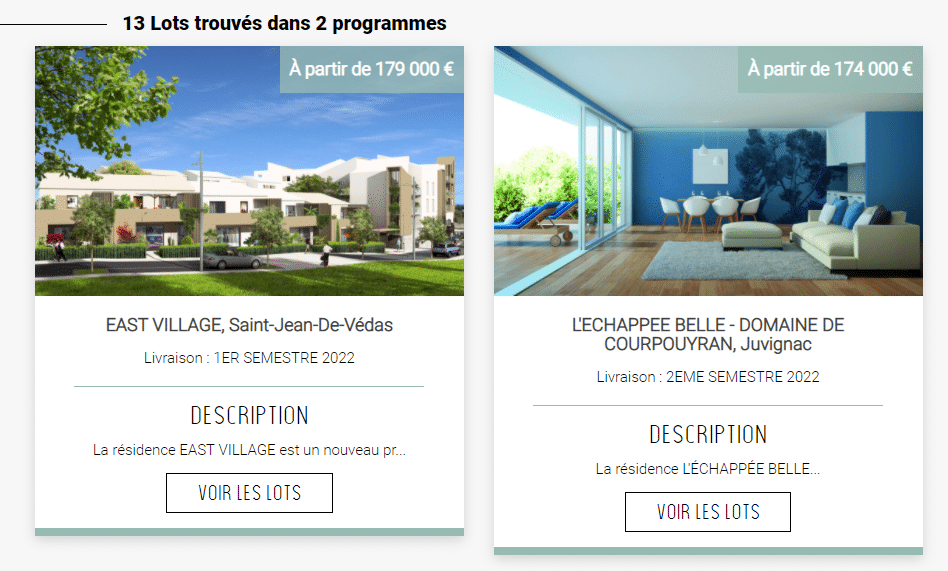 les lots immobiliers proposés par Bacotec et disponibles sur la vitrine du neuf